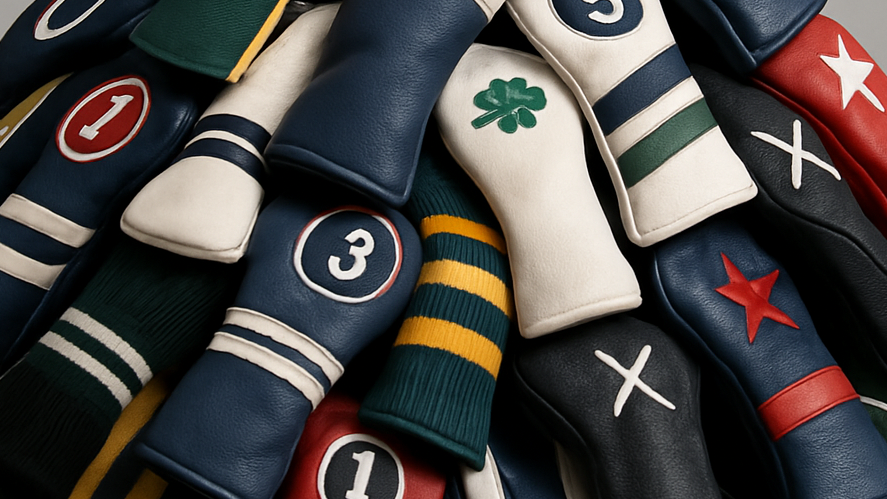 Collection of colorful golf club heads with various designs and numbers on a gray background