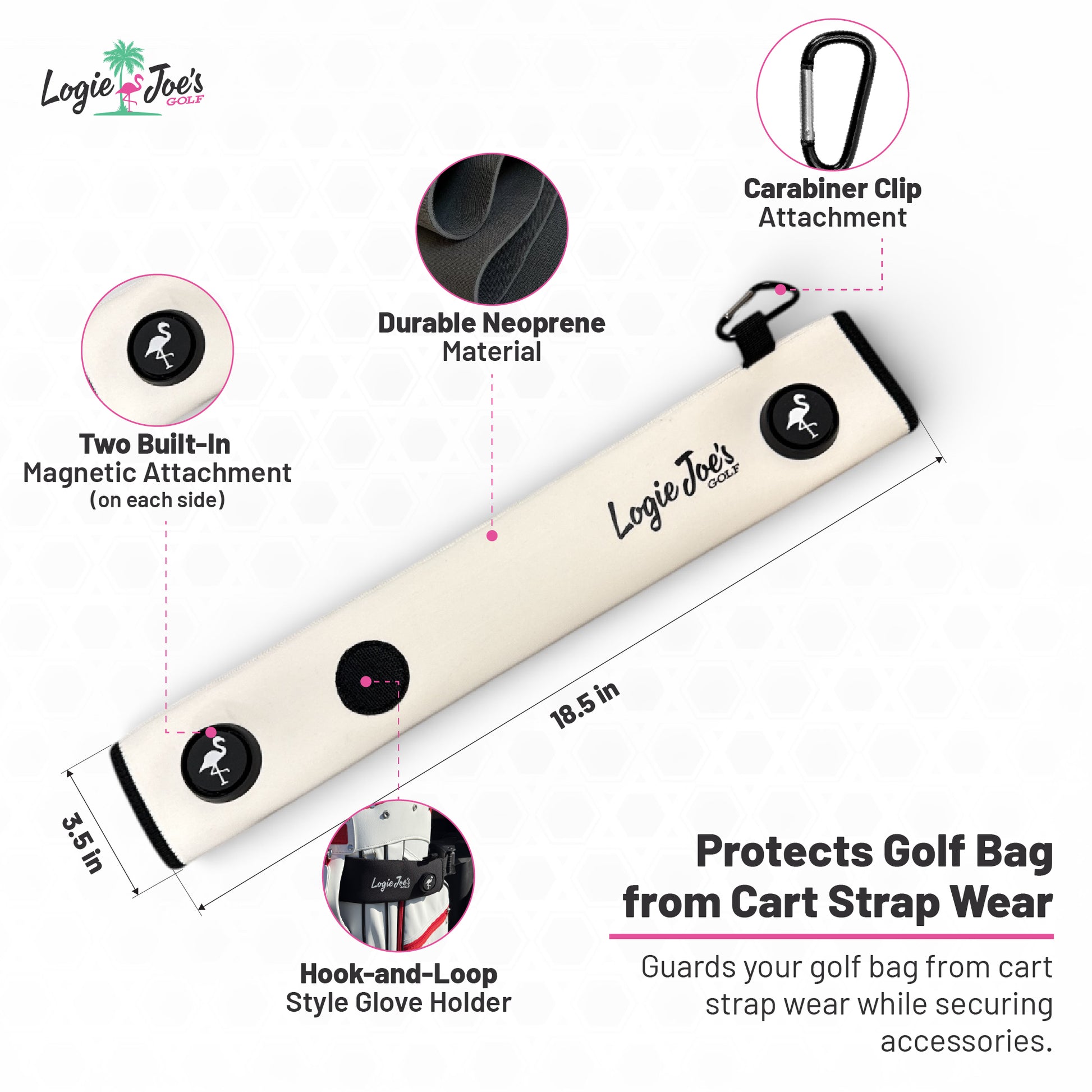The White Magnetic Golf Cart Strap Sleeve features neoprene rubber, two accessory magnets, a glove holder, and a carabiner—an ideal 18.5 x 3.5 in golf bag protector against cart strap wear.
