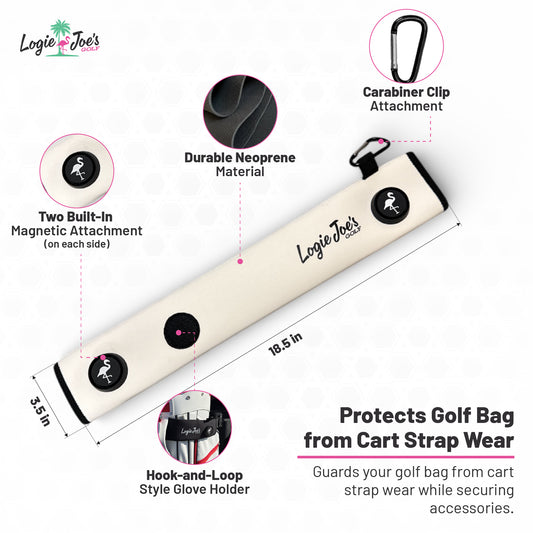 The White Magnetic Golf Cart Strap Sleeve features neoprene rubber, two accessory magnets, a glove holder, and a carabiner—an ideal 18.5 x 3.5 in golf bag protector against cart strap wear.