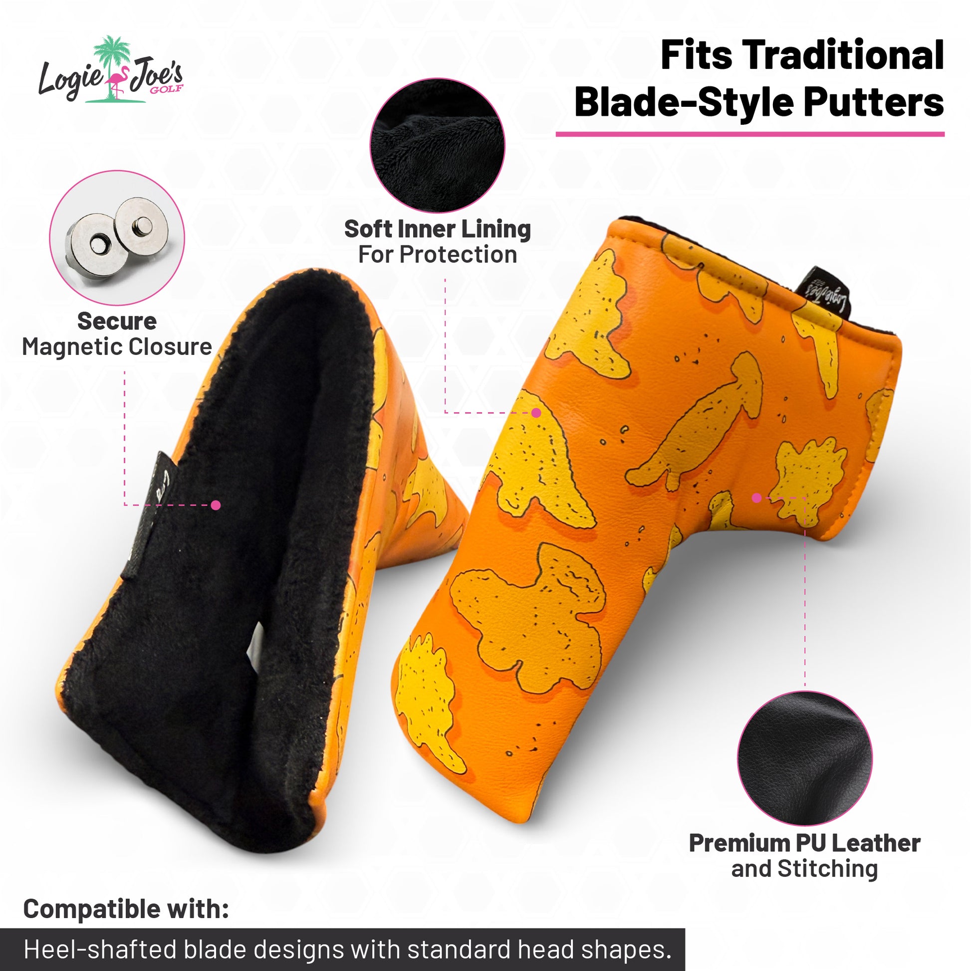 The Dino Nugget Blade Putter Headcover features bright orange cheese patterns, is crafted from premium synthetic leather with a soft protective interior, magnetic closure, and fits most heel-shafted putters. Shown from multiple angles.