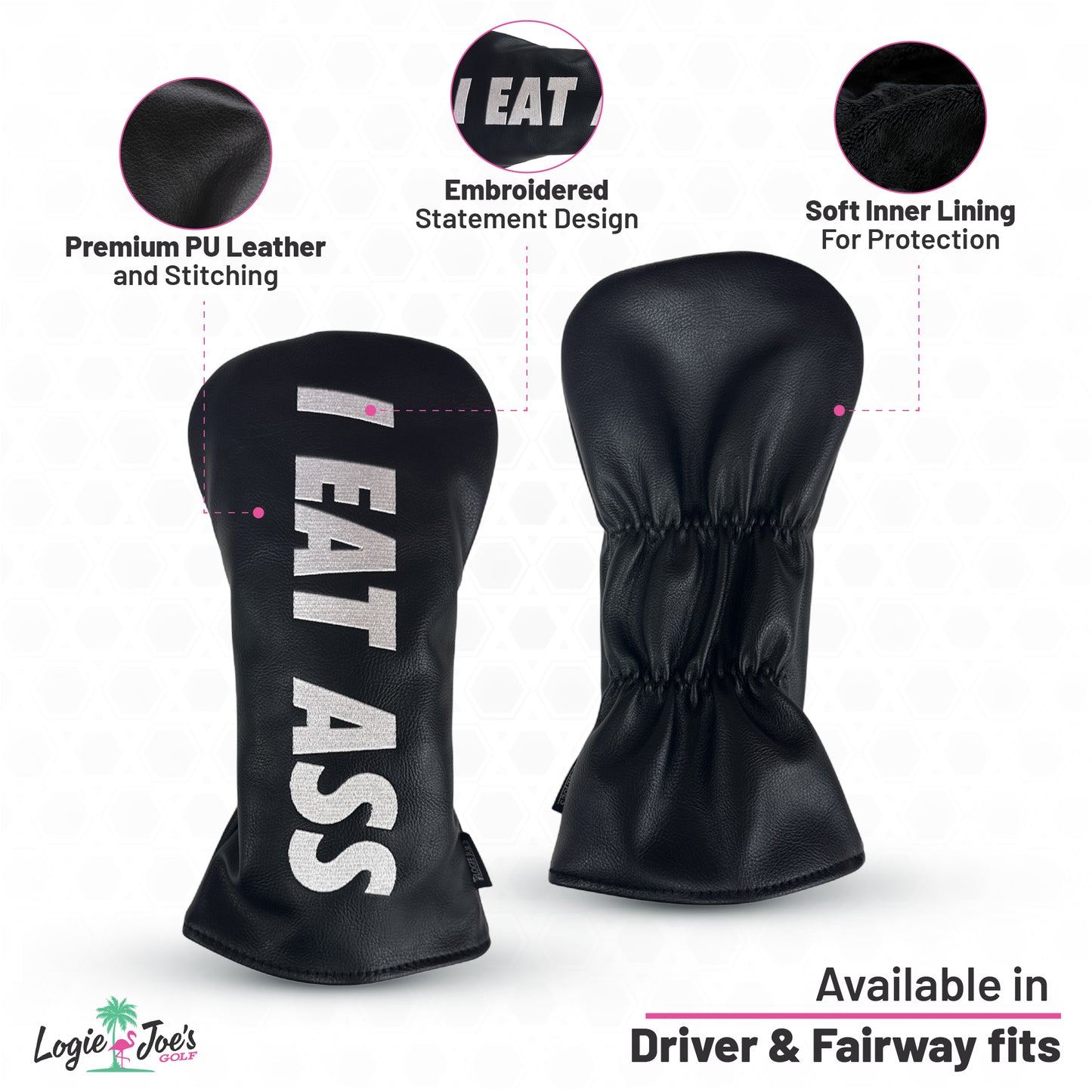 The "I Eat Ass" Peaches N’ Cream Driver Headcover is made of premium PU leather with bold embroidery, soft inner lining, and universal driver fit—perfect for drivers and fairway clubs.