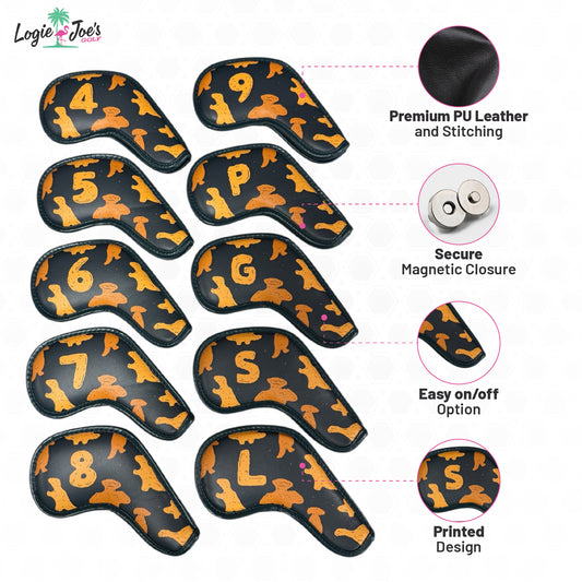 The Dino Nugget Iron Covers Set features a 10-piece PU leather headcover set (4–9, P, G, S, L) with magnetic closure for easy on/off and durable printed designs—perfect for stylishly protecting your clubs.