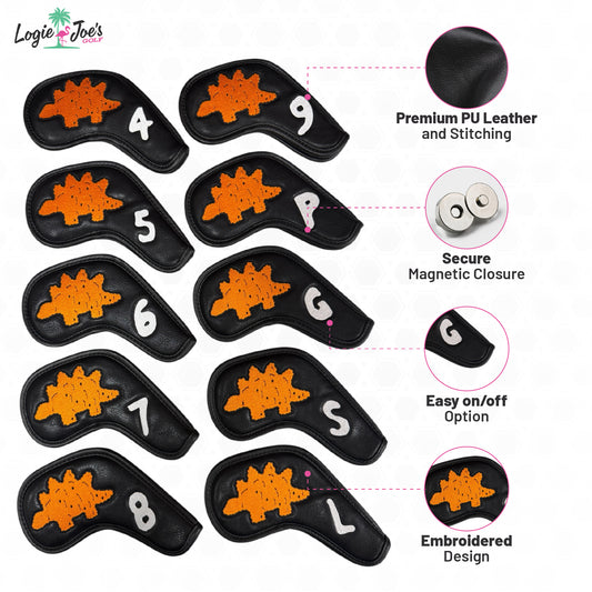 The Dino Nugget Stegosaurus Golf Iron Cover Set features black premium PU leather, orange embroidered alligators, white numbers (4–9, PW, GW, SW, LW), magnetic closure, easy on/off, and durable stitching for standout style and protection.