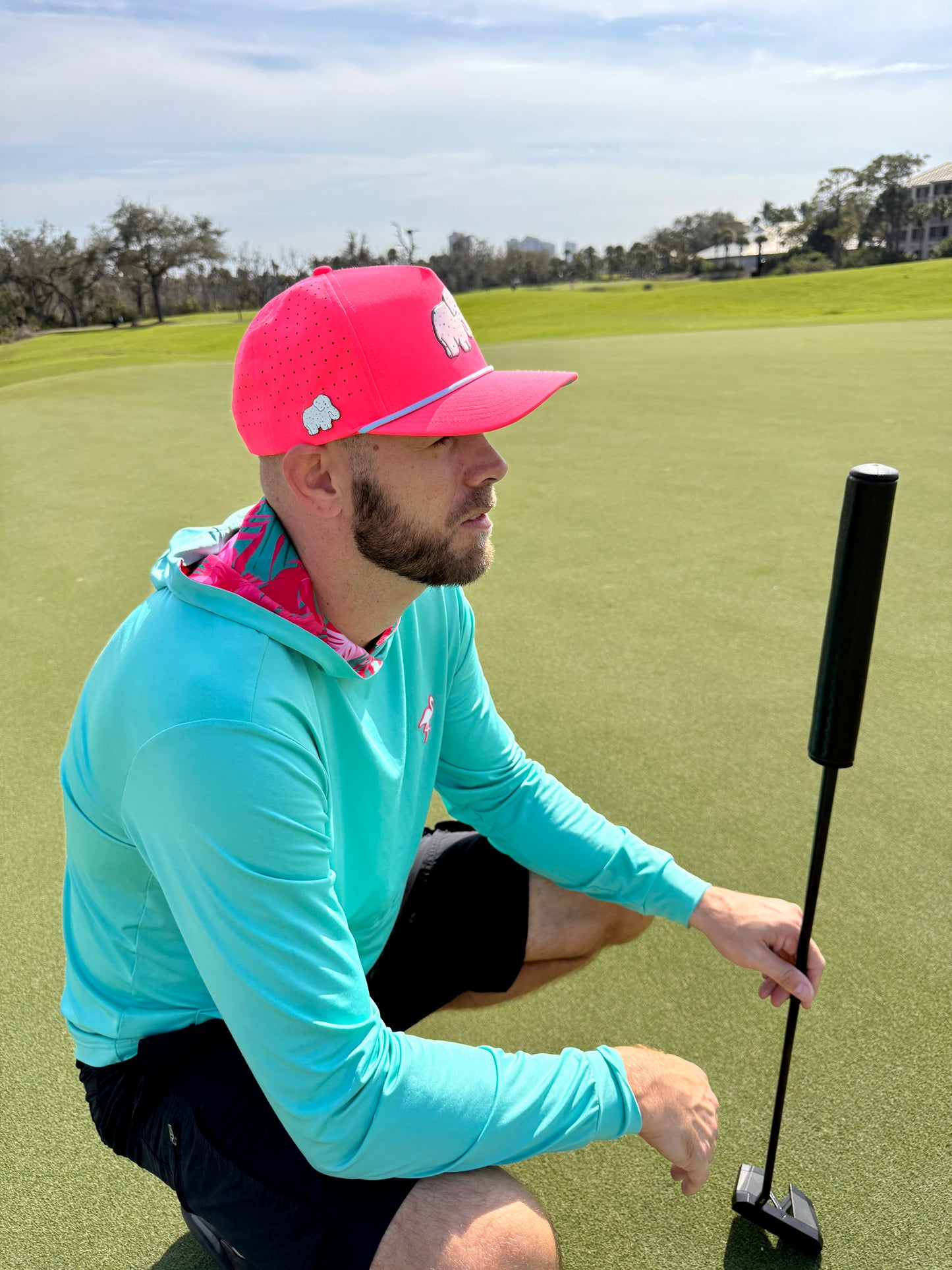 Frosted Elephant Golf Hat | Snapback Cap | Built-in Magnetic Ball Marker Holder + Marker Included | Adjustable | Elephant Cookie Pink