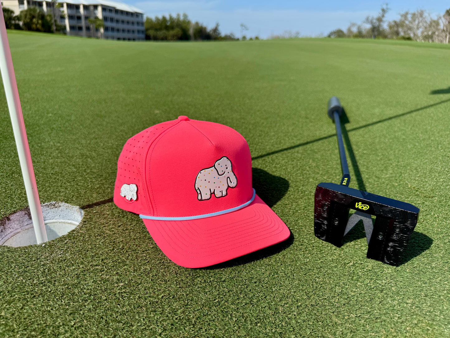 Frosted Elephant Golf Hat | Snapback Cap | Built-in Magnetic Ball Marker Holder + Marker Included | Adjustable | Elephant Cookie Pink