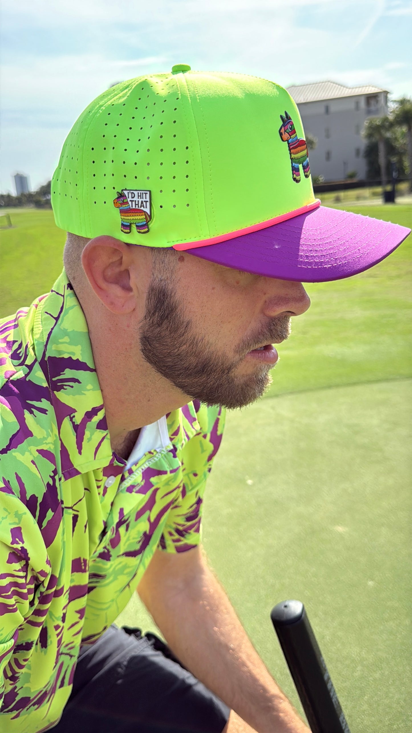 I'd Hit That Piñata Golf Hat | Snapback Cap | Built-in Magnetic Ball Marker Holder + Marker Included | Adjustable | Llama Multicolor