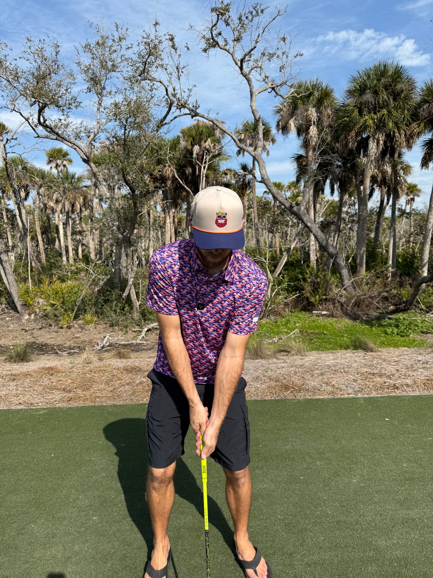 Tiki Bear Golf Hat | Snapback Cap | Built-in Magnetic Ball Marker Holder + Marker Included | Adjustable Multicolor