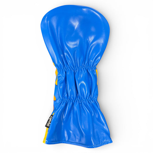The Dino Nugget Driver Headcover, made from durable synthetic leather with a soft protective lining, is styled like a bright blue oven mitt featuring an elastic center and small black tag, shown against a white background.