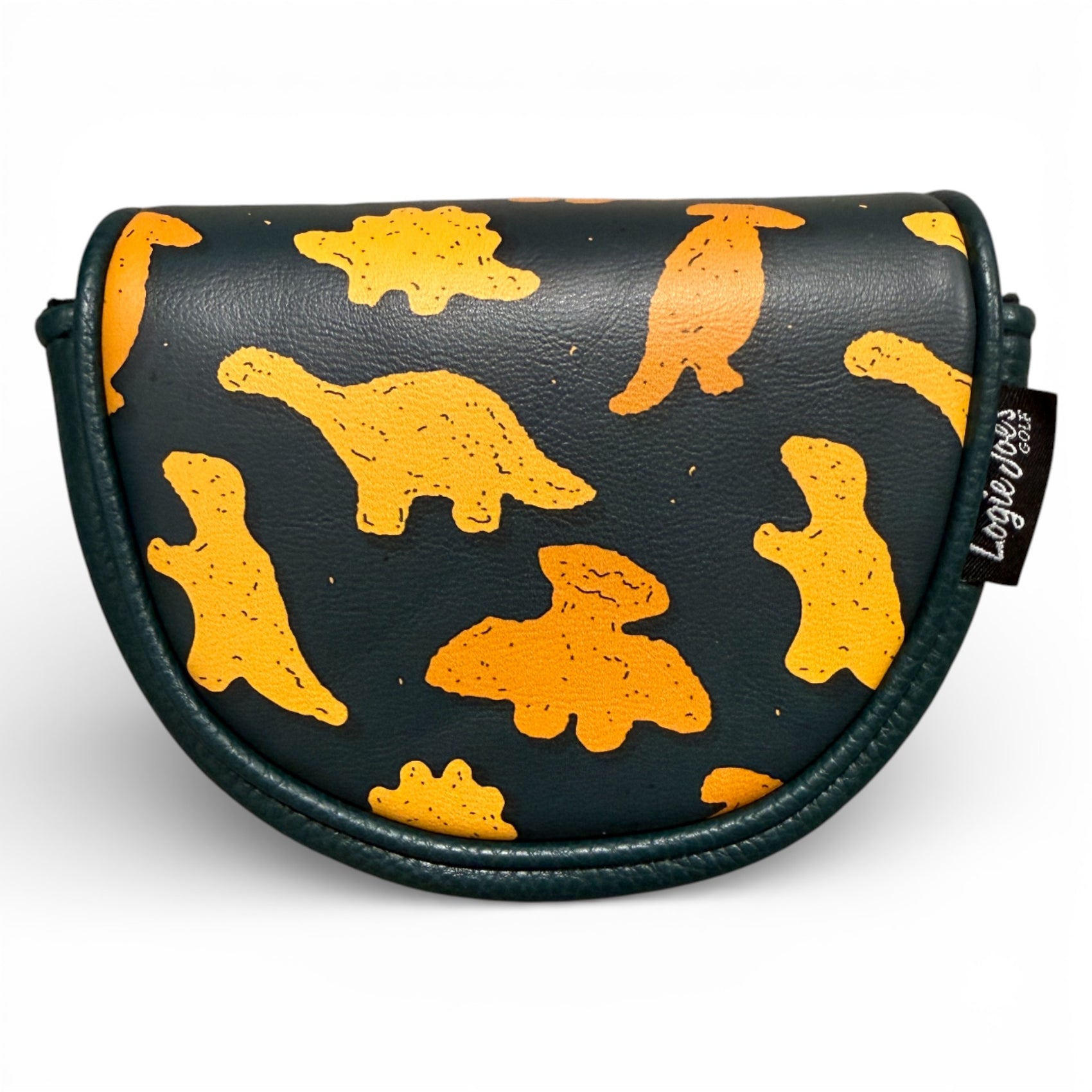 A premium Dino Nugget center-shafted putter headcover with soft protective lining, featuring black fabric adorned with orange dinosaur patterns and a side black tag with white text. Fits most center-shafted putters.