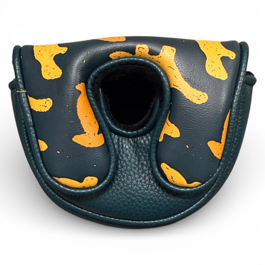 A Dino Nugget Center-Shafted Putter Headcover in black and yellow with a central cutout, featuring premium magnetic closure and soft protective lining, is shown from the front against a white background.