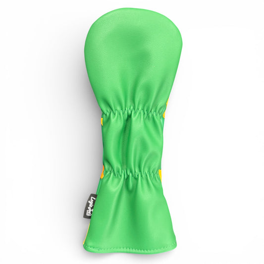 The Dino Nugget Fairway Wood Headcover features bright green synthetic leather with yellow accents, a gathered elastic middle, a soft protective interior, and a side black tag with white text—ideal for premium golf club protection.