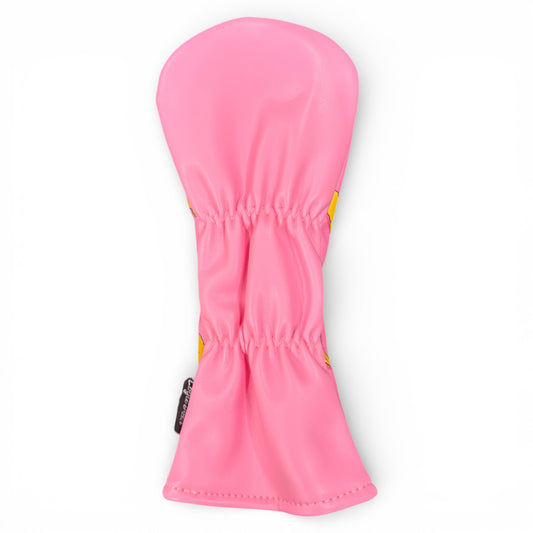 The Dino Nugget Hybrid Headcover features pink durable synthetic leather, a soft protective lining, gathered elastic sections, and a small black side tag—designed to protect your golf club and shown against a white background.