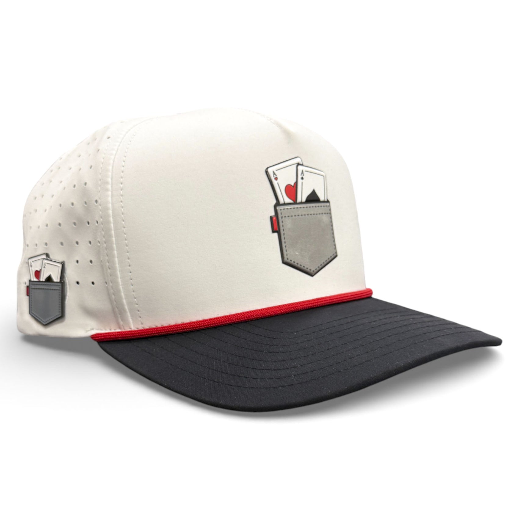 The Pocket Aces Golf Hat is a gray and black snapback cap with an ace and king graphic, red trim, built-in magnetic ball marker holder (marker included), and adjustable fit.
