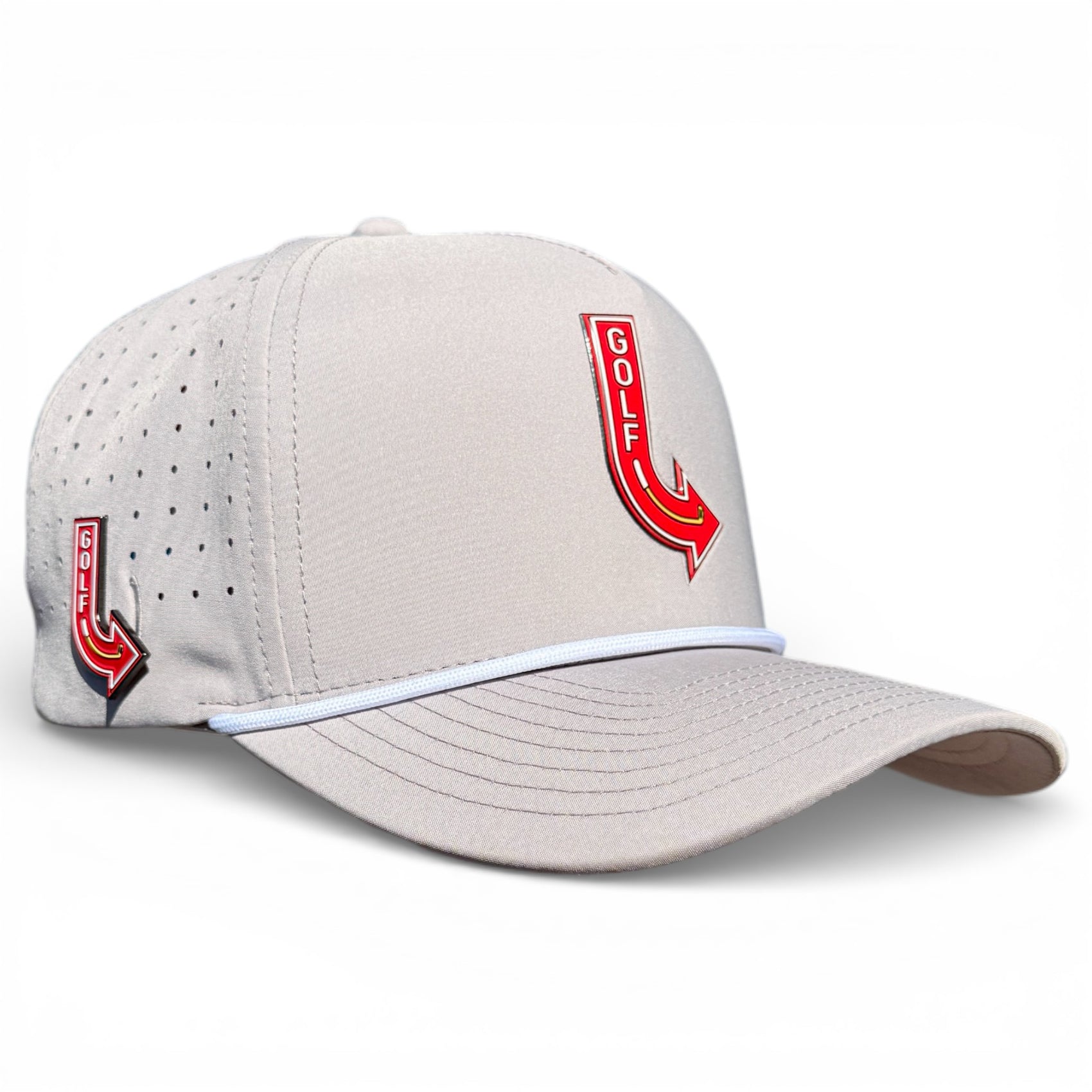 The Golf Neon Arrow Sign Golf Hat is an adjustable light gray snapback cap with a red and yellow arrow "GOLF" patch, magnetic ball marker holder (marker included), white rope detail above the brim, and ventilation holes.