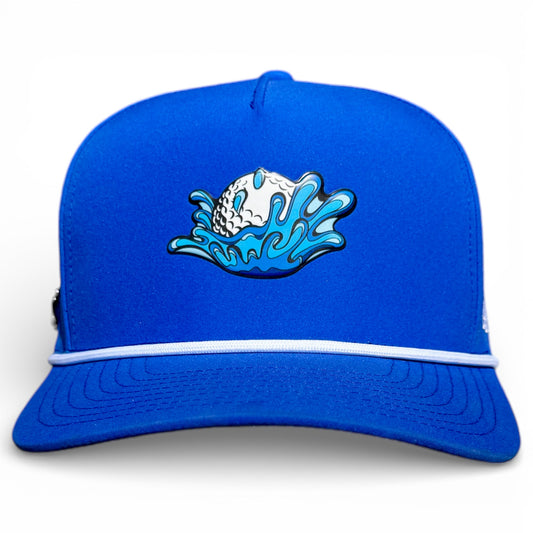The Water Ball Golf Hat is a bright blue snapback cap featuring a built-in magnetic ball marker holder plus marker, with stylish white trim and golf ball splash graphic—perfectly adjustable for your next round.