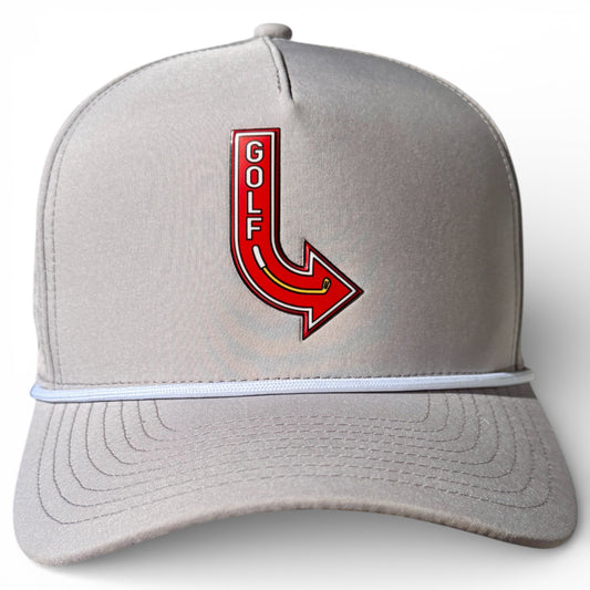The Golf Neon Arrow Sign Snapback Cap in light gray features a red arrow and bold 