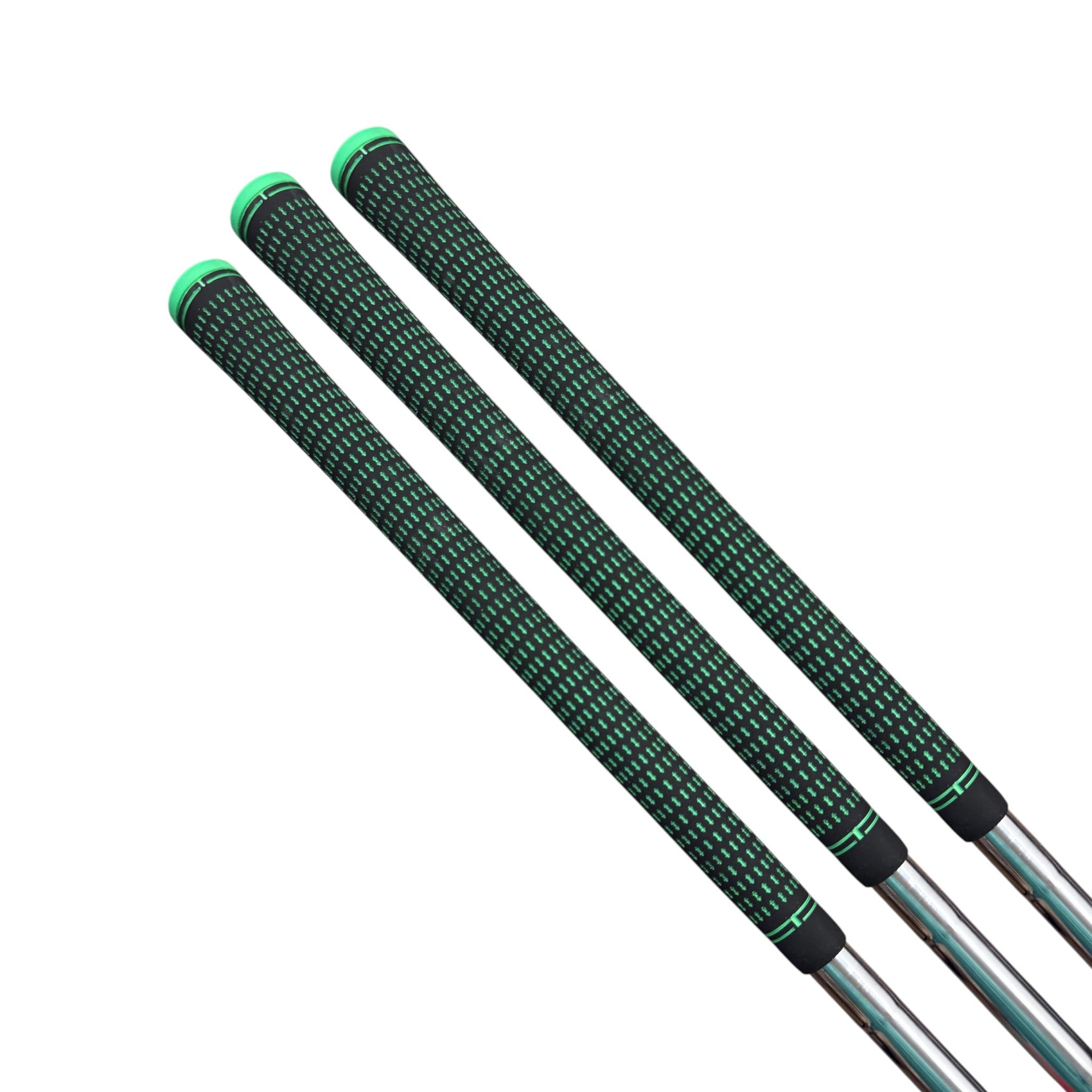 Three 360 Golf Grips (3 Pack, Black/Green) with high-traction rubber and textured patterns arranged side by side on a white background. Grips are available in Standard, Mid, or Jumbo sizes with green accents at the ends.