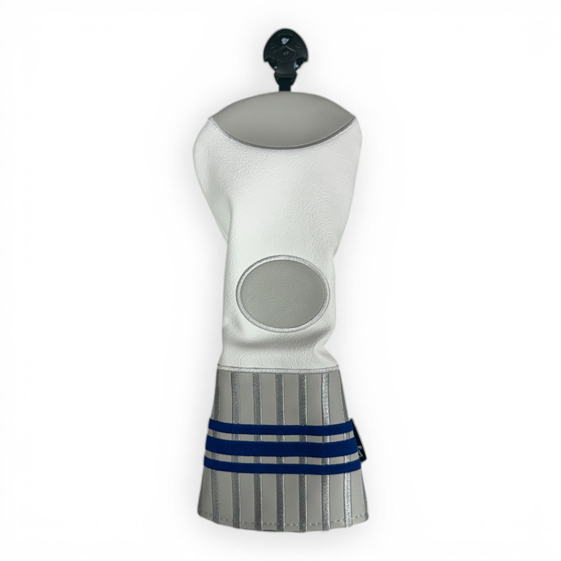 The Sock Fairway Headcover is a premium faux leather fairway wood cover with an elastic fit and blue stripe, featuring white and gray panels, inspired by R2-D2 from Star Wars, shown against a white background.