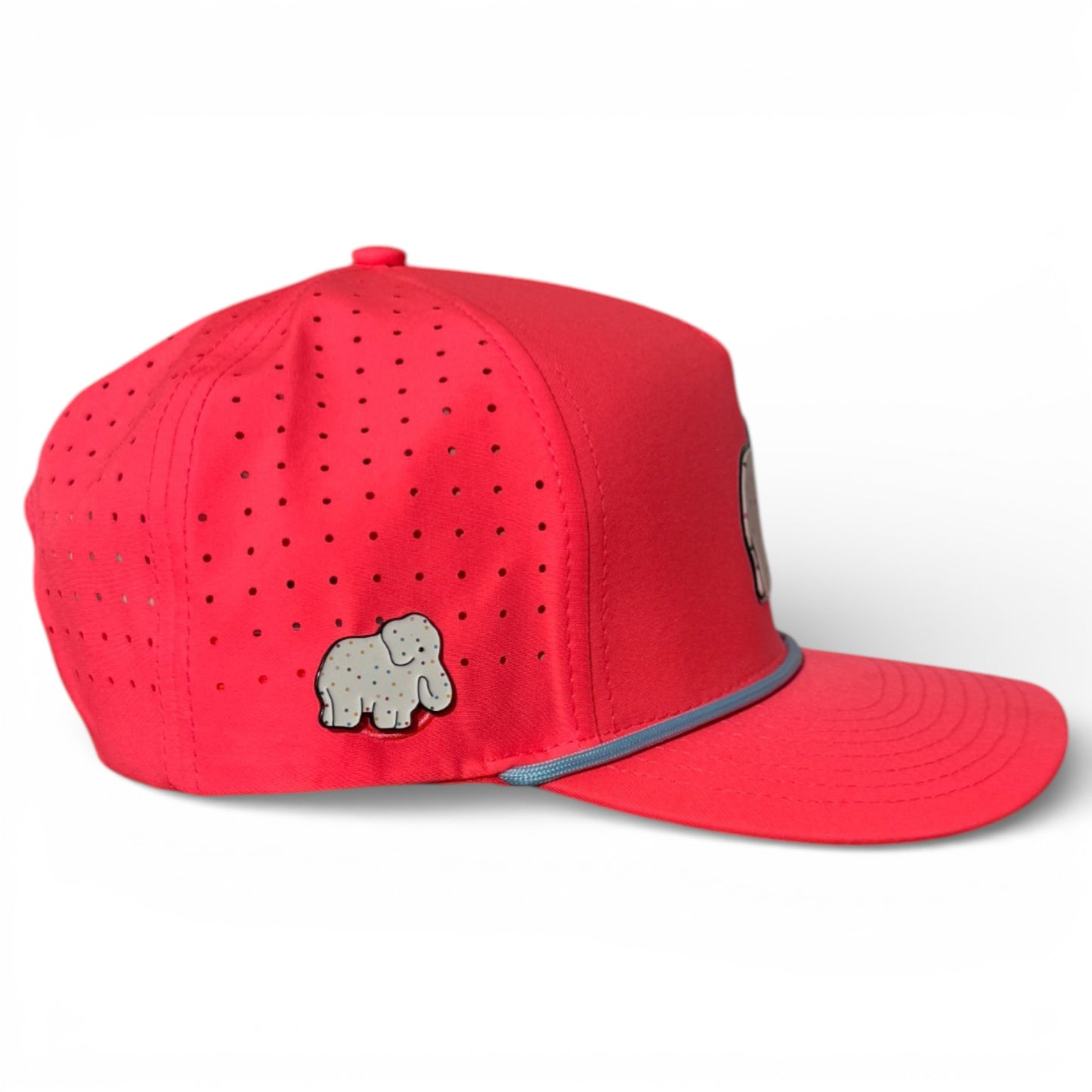 A pink Frosted Elephant Golf Hat with a built-in magnetic ball marker holder and included marker. This adjustable snapback cap features an elephant design, perfect for golfers seeking stylish accessories.