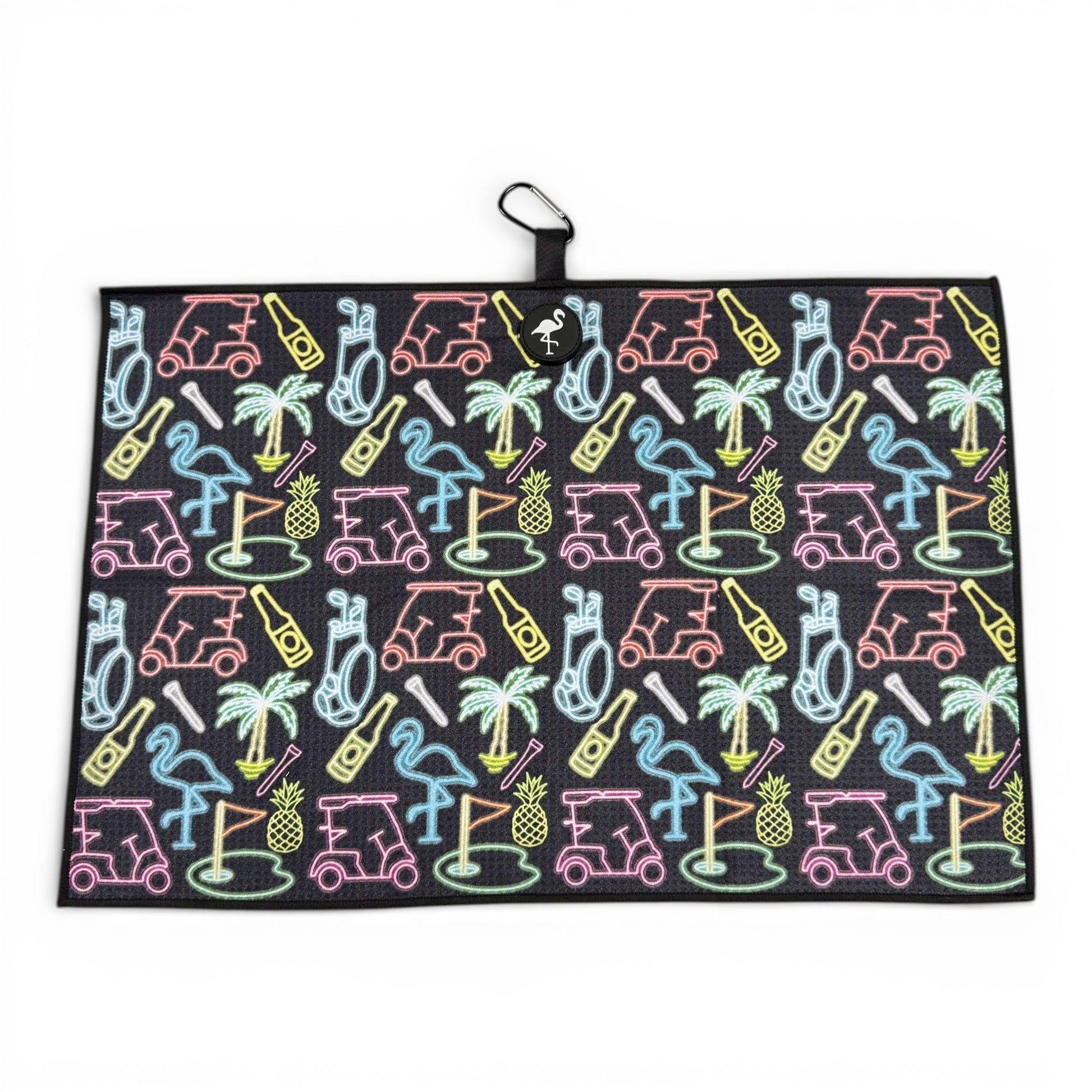 The Miami Slice Golf Towel (24x16 in) features a neon-style print with carts, clubs, flamingos, palm trees, pineapples & golf holes. Made of premium double-sided microfiber with a magnetic back & carabiner clip for easy hanging.