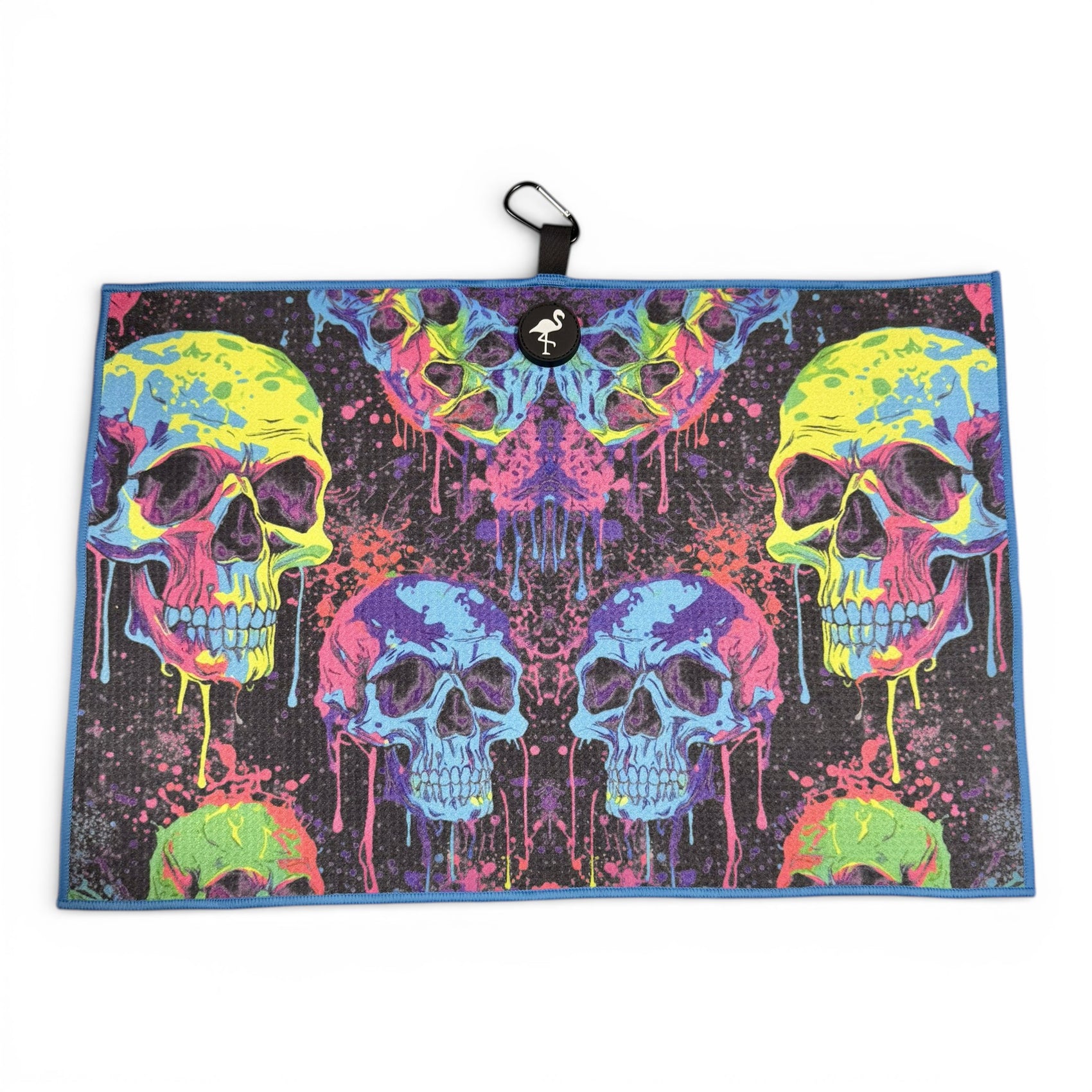 The Neon Skull Golf Towel features vibrant skull art in neon yellow, blue, pink, and green on black premium double-sided microfiber. Measuring 24 x 16 in, it includes a heavy-duty magnetic design and a carabiner clip for easy hanging.