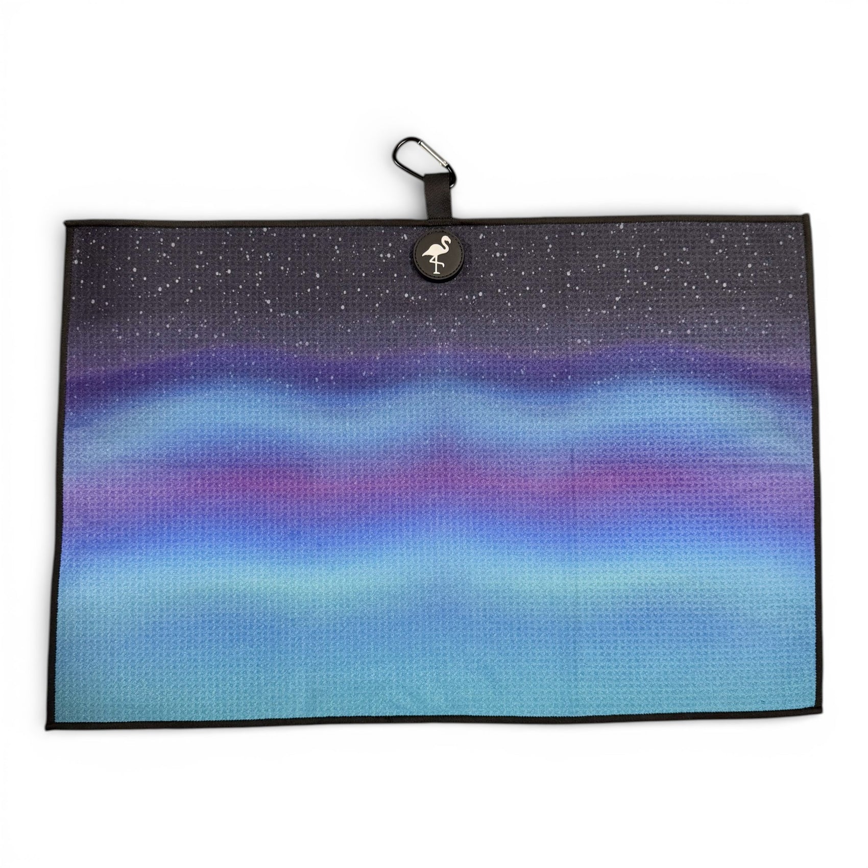The Northern Lights Golf Towel is a premium double-sided microfiber towel (24x16 in) featuring aurora-inspired gradients, a starry night sky, black border, hanging loop, carabiner clip, and heavy-duty magnetic design for easy portability.