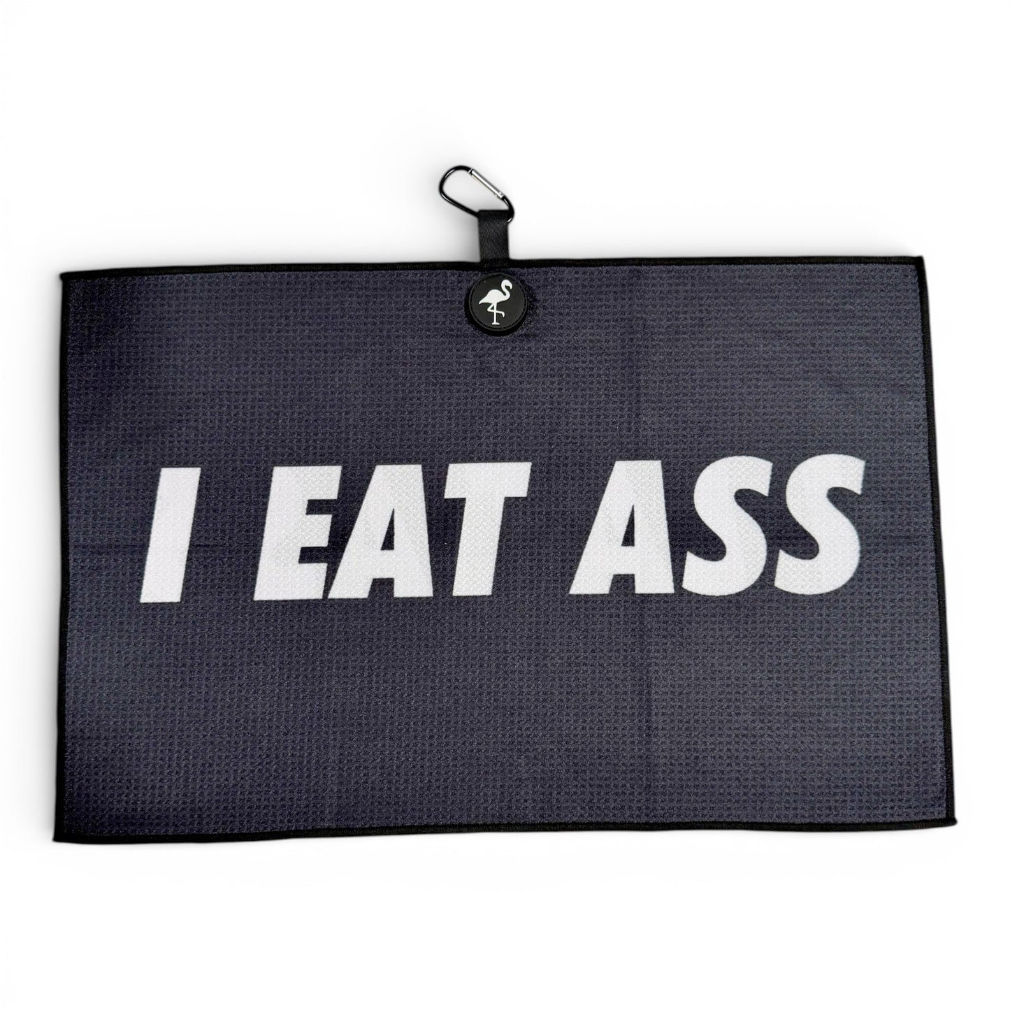 The Novelty Black Golf Towel is a 24x16 in premium double-sided microfiber towel with heavy-duty magnetic attachment and carabiner clip, perfect for easy hanging and sleek style on the green.