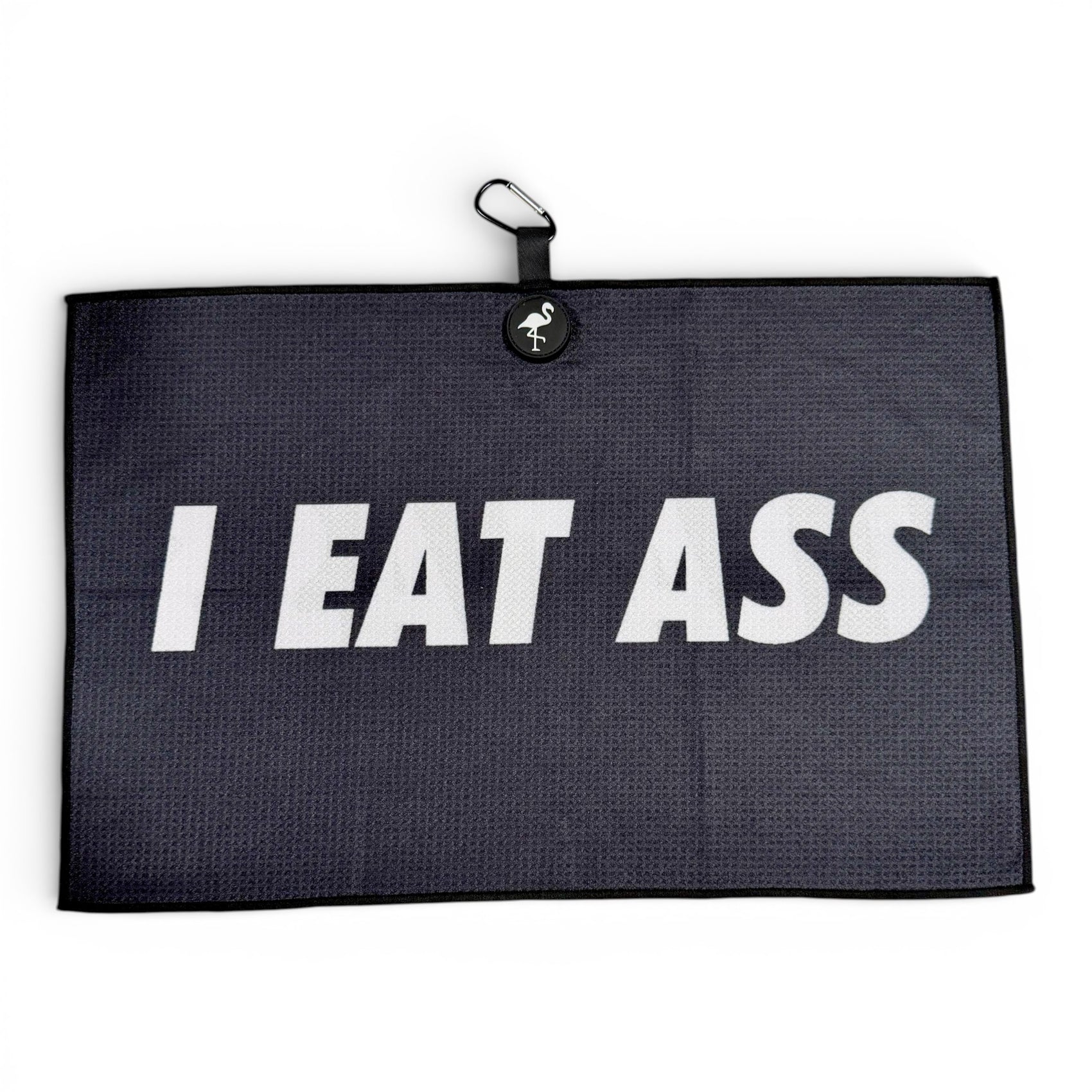 The Novelty Black Golf Towel is a 24x16 in premium double-sided microfiber towel with heavy-duty magnetic attachment and carabiner clip, perfect for easy hanging and sleek style on the green.