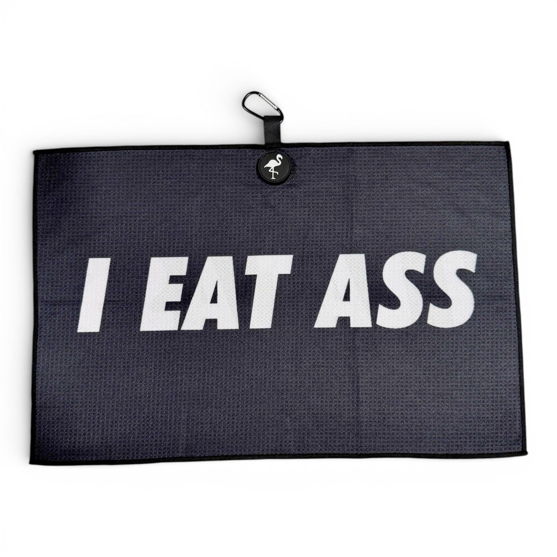 The Novelty Black Golf Towel is a 24x16 in premium double-sided microfiber towel with heavy-duty magnetic attachment and carabiner clip, perfect for easy hanging and sleek style on the green.