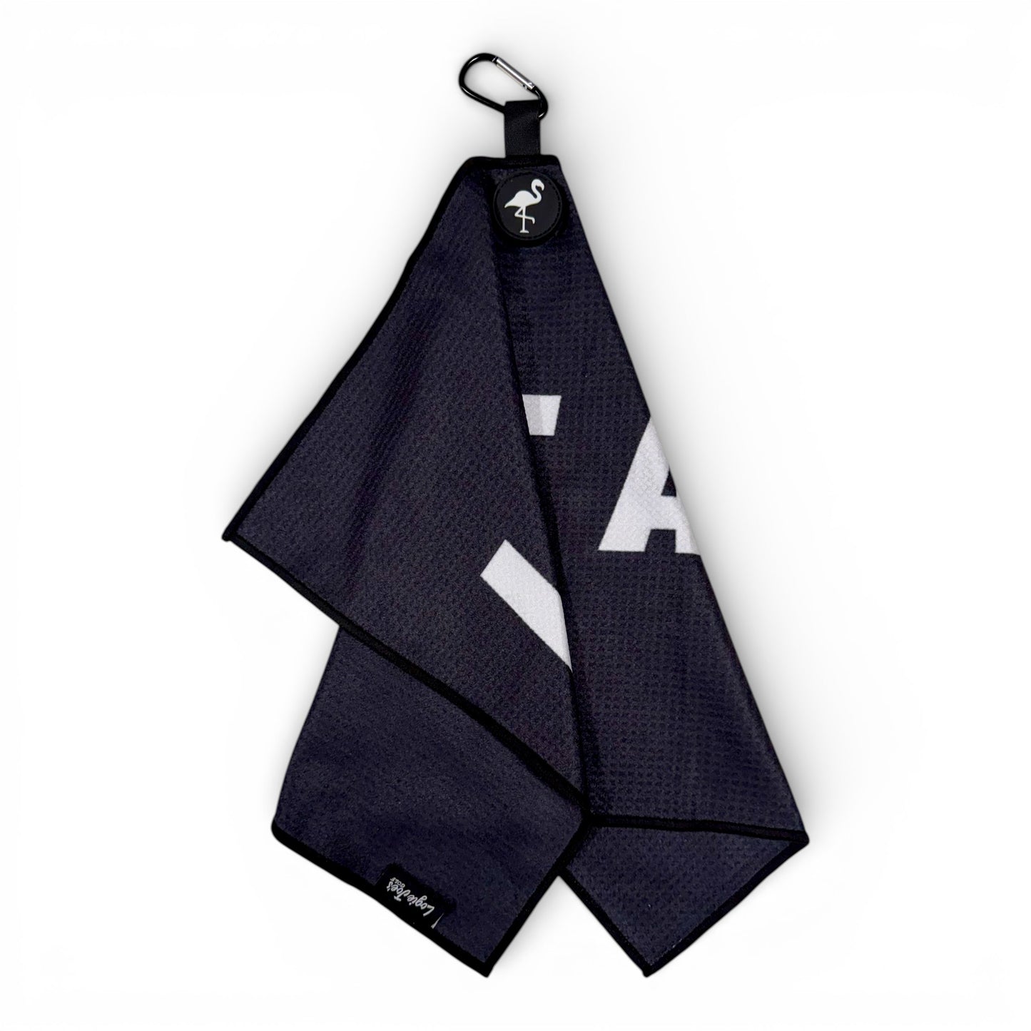 The Novelty Black Golf Towel features premium double-sided microfiber, a black carabiner clip for easy attachment, and heavy-duty magnetic design. Size: 24 x 16 in. Displayed on a white background.