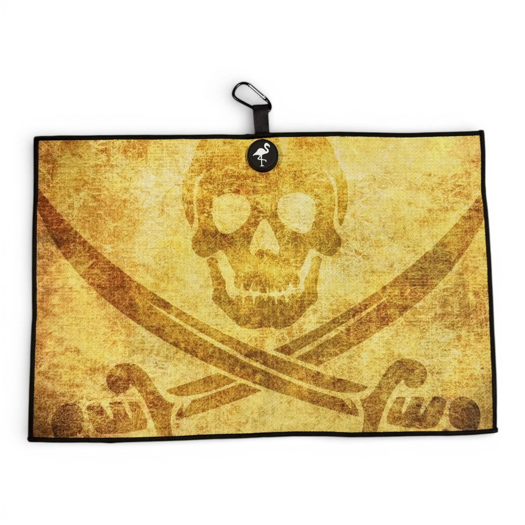The Pirate Skull Golf Towel features a vintage faded skull and crossed swords design, black border, black loop with flamingo icon, and is made from premium double-sided waffle weave microfiber for absorbency. Heavy-duty magnetic towel with carabiner; 24 x 16 in.