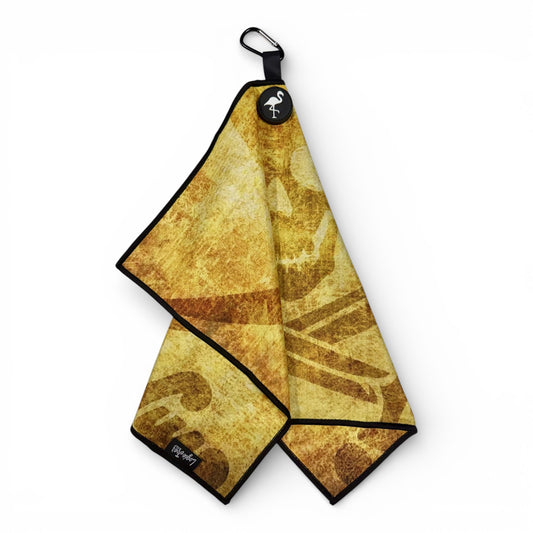 The Pirate Skull Golf Towel is a yellow, double-sided microfiber towel (24x16 in) featuring a vintage skull and crossbones design, black trim, a black loop, carabiner clip, and heavy-duty magnetic attachment.