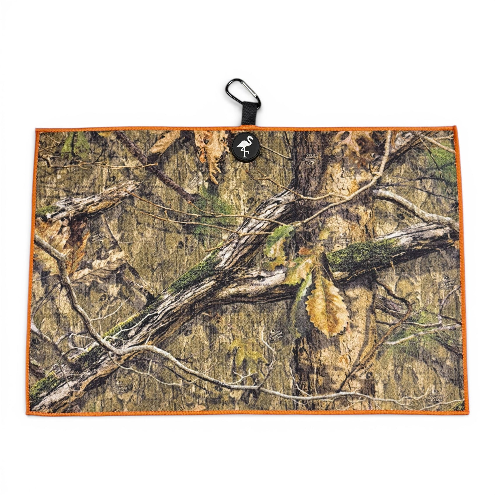 The Woodland Camo Golf Towel is a 24x16 in double-sided microfiber towel featuring a modern camo pattern, orange trim, carabiner clip, and heavy-duty magnetic attachment—ideal for convenient and durable on-the-go cleaning.
