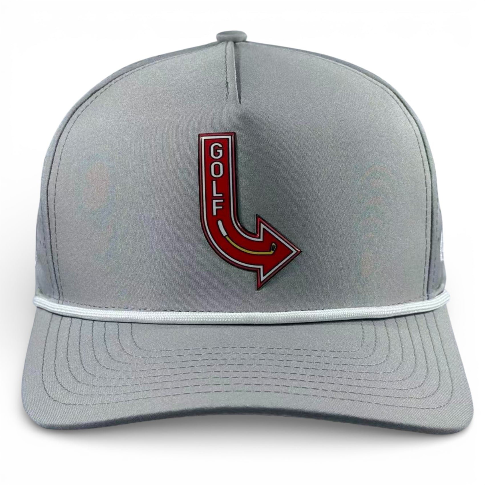 The Golf Neon Arrow Sign Golf Hat is a light gray snapback cap featuring a red downward arrow with “GOLF” on the front, white trim above the curved brim, and includes a built-in magnetic ball marker holder with marker. Adjustable fit.
