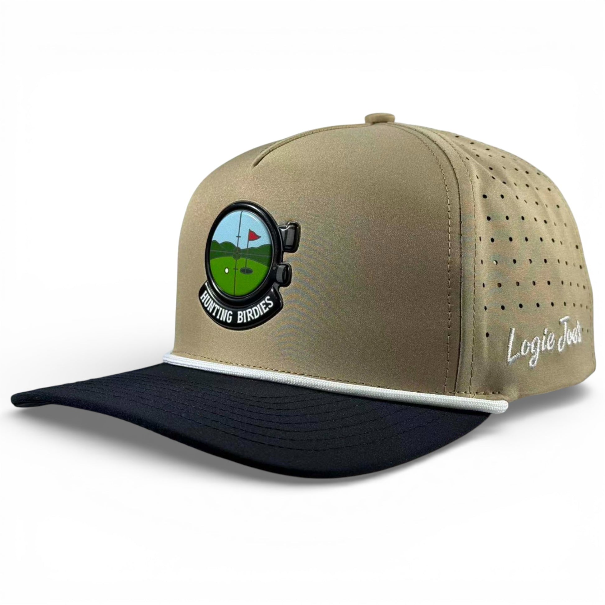The Hunting Birdies Golf Hat is a tan and black adjustable snapback cap with a built-in magnetic ball marker holder, included marker, perforated side, Logie Jones embroidery, and a round golf course patch reading "HUNTING BIRDIES.
