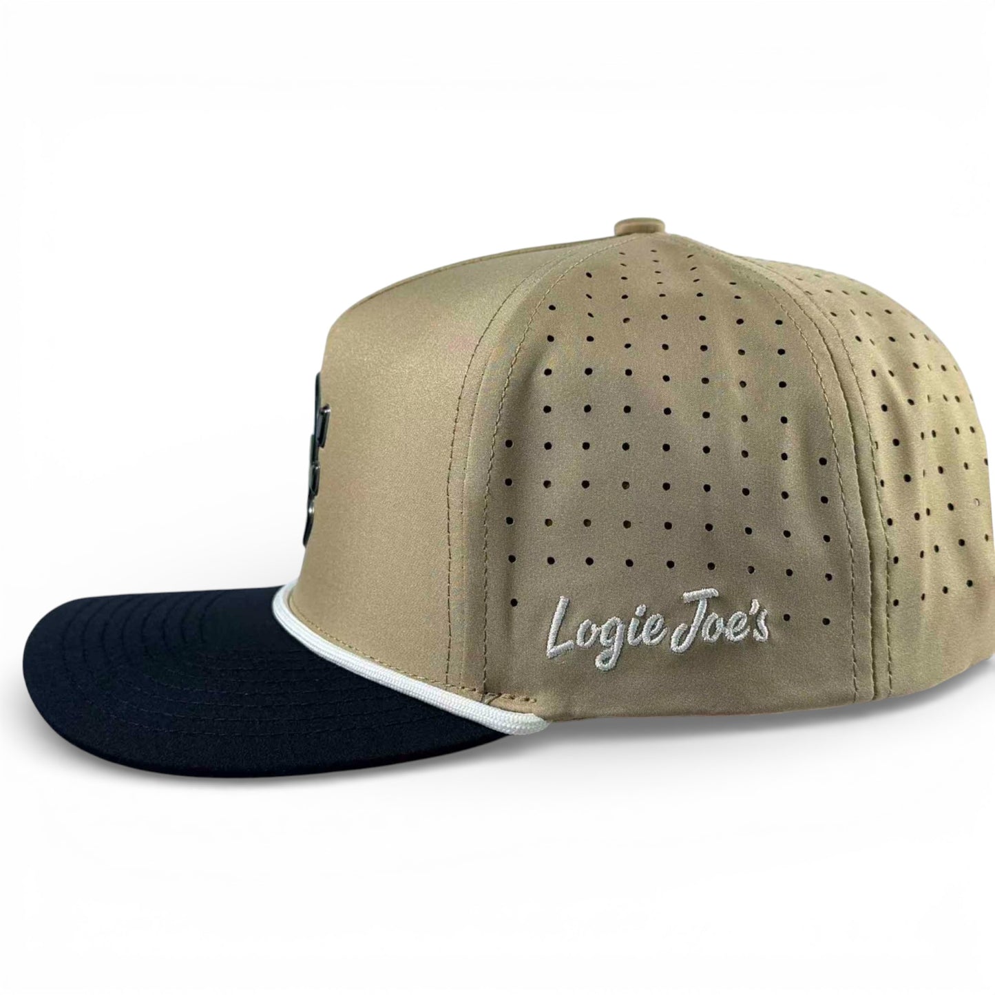 The Hunting Birdies Golf Hat is a tan & black adjustable snapback cap with mesh side panels, white piping, and "Logie Joes" embroidery. It features a built-in magnetic ball marker holder plus marker—ideal for golf!.
