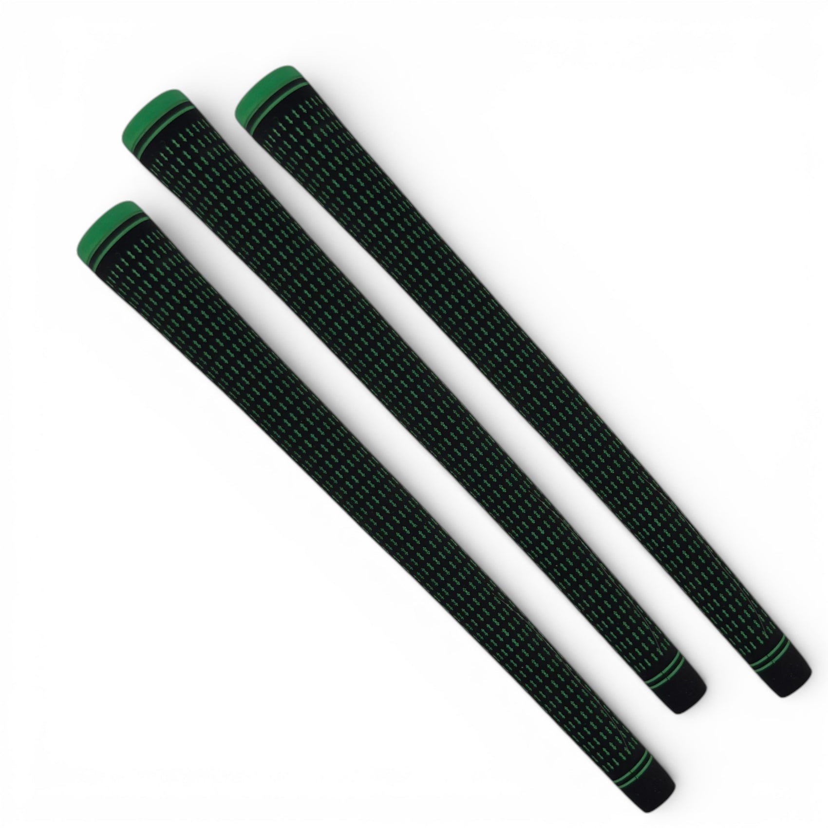 Three 360 Golf Grips (3 Pack Black/Green) with high-traction rubber are arranged diagonally on a white background. The grips, available in Standard, Mid, or Jumbo sizes, feature a textured pattern and are placed parallel to each other.