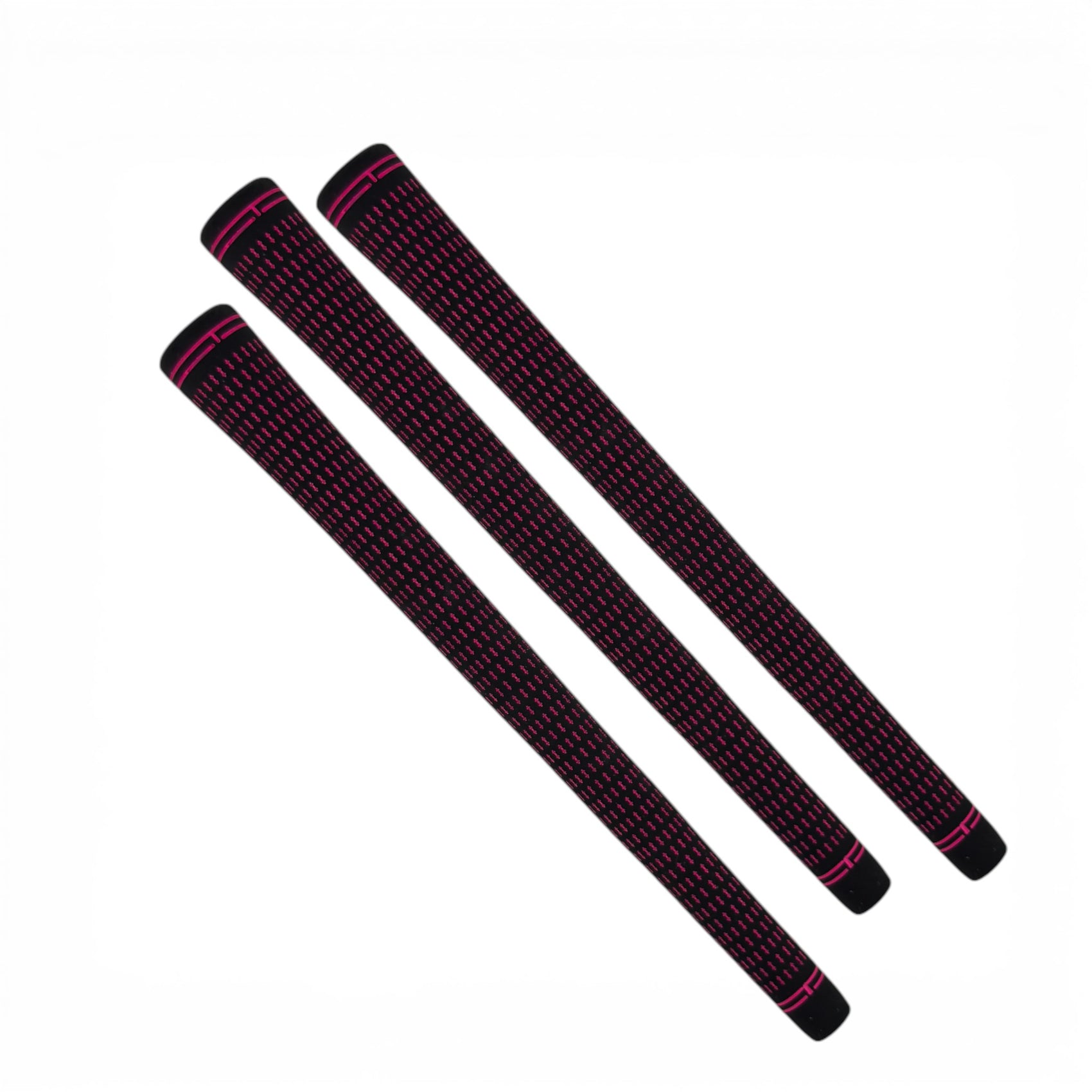 Three 360 Golf Grips in black/pink (3 pack, standard/mid/jumbo) are arranged side by side on a white background, highlighting their high-traction rubber design.