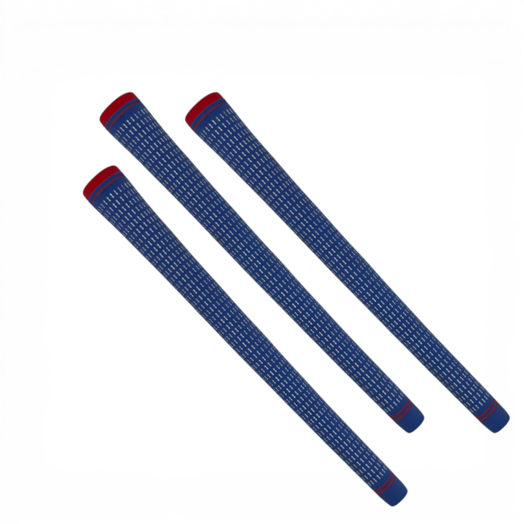 Three 360 Golf Grips | 3 Pack RWB, made from high-traction rubber and featuring a blue design with white dots and red accents, are arranged diagonally on a white background.