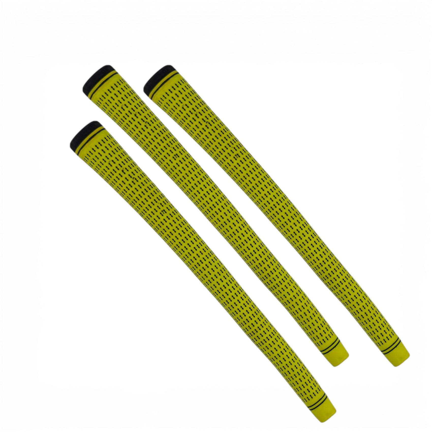 Three 360 Golf Grips (3 Pack, Black/Yellow) with high-traction textured rubber and black end caps are arranged diagonally on a white background. Available in Standard, Mid, and Jumbo sizes.