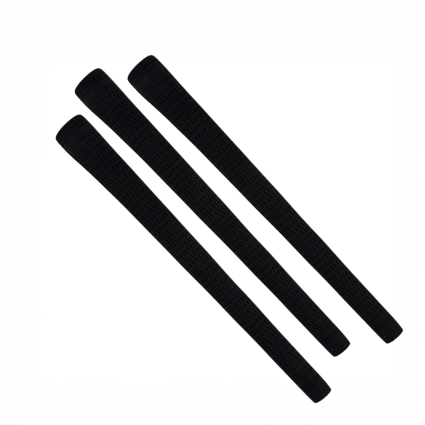 Three black 360 Golf Grips (3 Pack, high-traction rubber, standard/mid/jumbo) are arranged parallel on a white background.