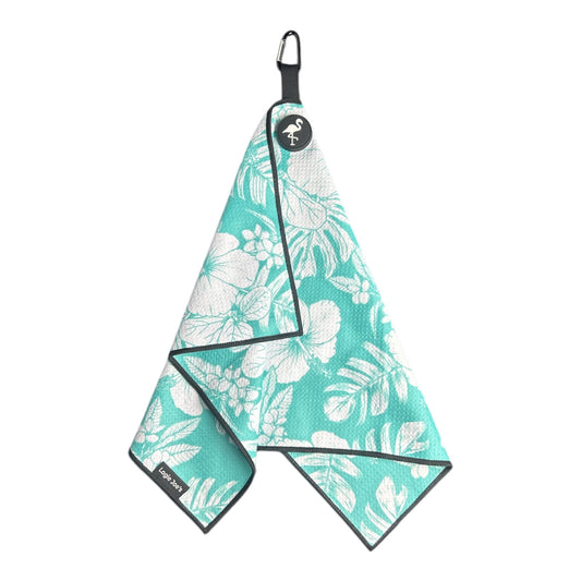 Teal Floral Hawaiian Magnetic Microfiber Golf Bag Towel Double Sided Flower