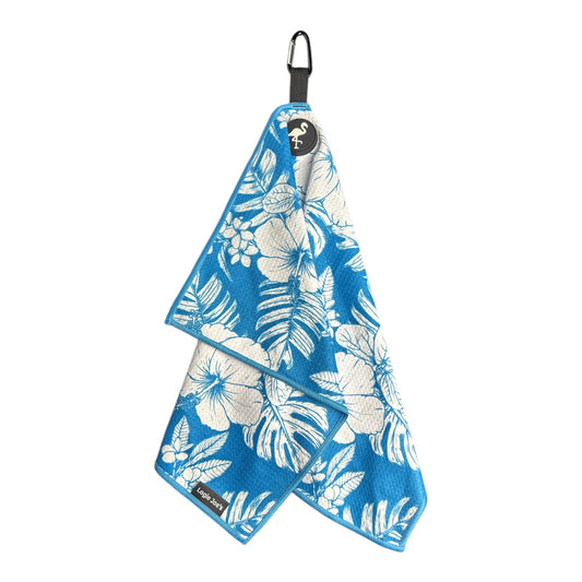 Aqua Blue Floral Hawaiian Magnetic Microfiber Golf Bag Towel Double Sided Flower