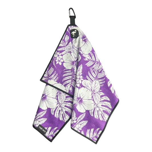 Purple Floral Hawaiian Magnetic Microfiber Golf Bag Towel Double Sided Flower