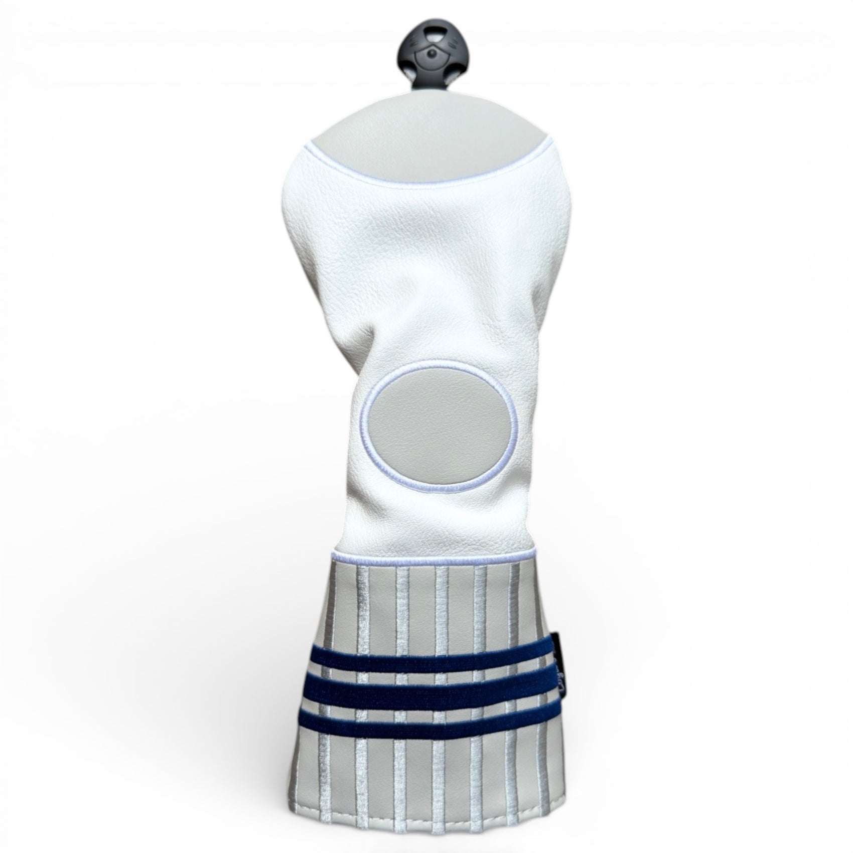 The Sock Fairway Headcover is a premium faux leather fairway wood cover in white with gray and silver accents, blue stripes near the bottom, and a round black-and-gray knob on top, shown against a plain white background.