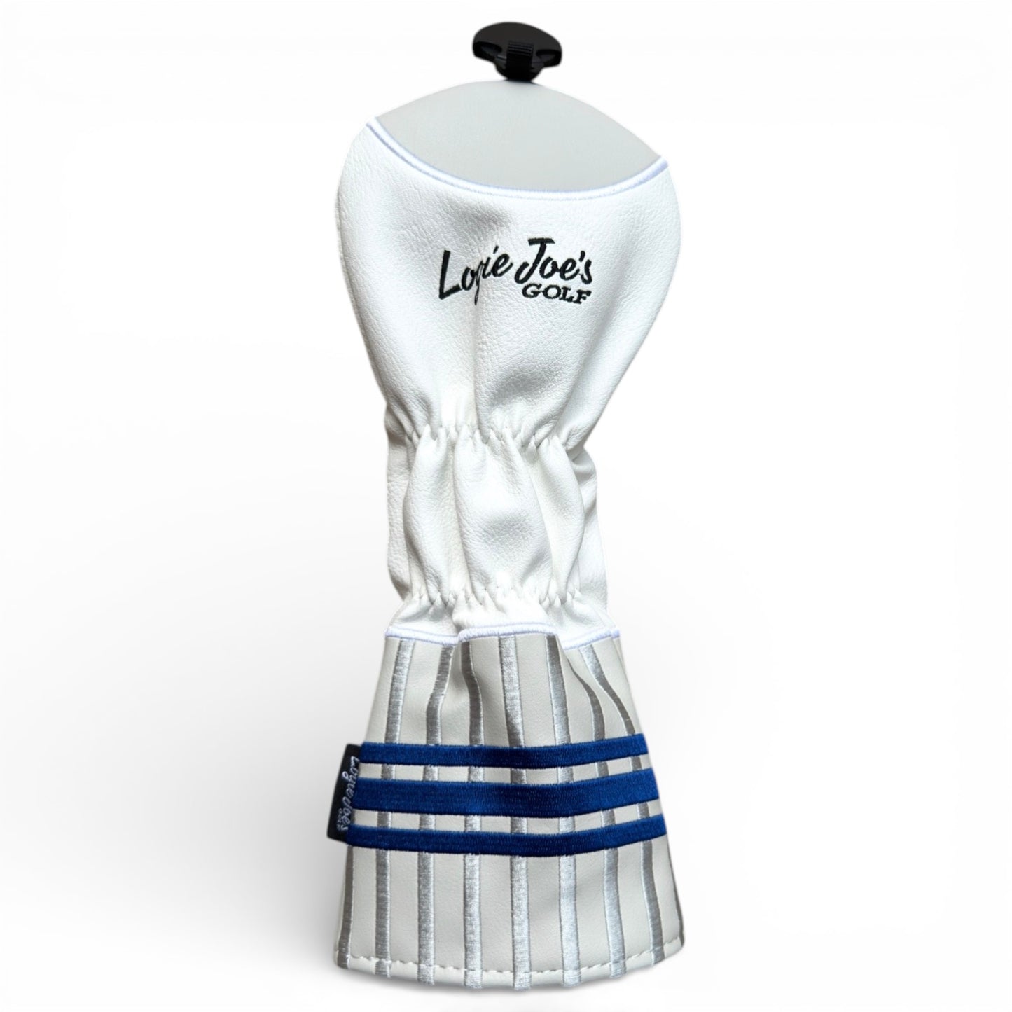 The Sock Fairway Headcover is a premium faux leather fairway wood cover with an elastic fit, blue and gray stripes on a plain white background, and "Lovie Joes GOLF" embroidered in black text.