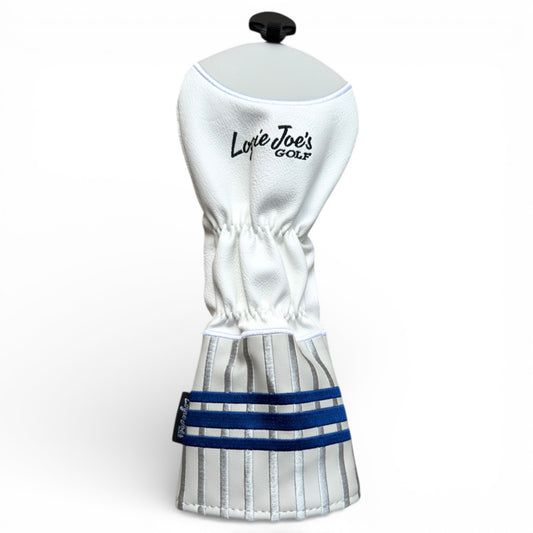 The Sock Fairway Headcover is a premium faux leather fairway wood cover with an elastic fit, blue and gray stripes on a plain white background, and 