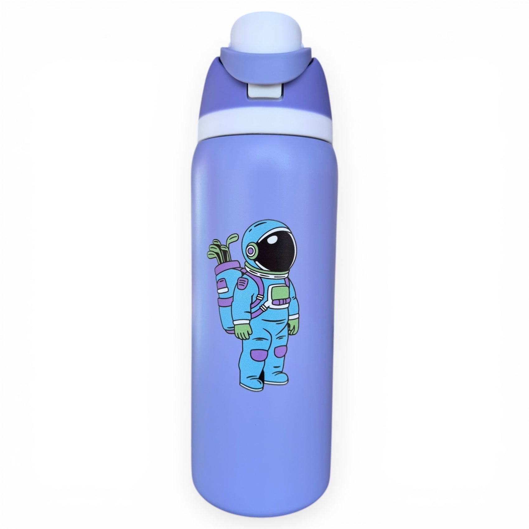 The Hydration Bottle – Astronaut Walker is a 32oz insulated stainless steel bottle in light purple with a flip straw lid and handle, featuring a vibrant cartoon Astronaut Walker sticker in a blue suit, helmet with green accents, and green-tubed backpack.