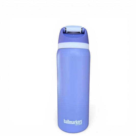 A Hydration Bottle – Astronaut Walker, 32oz insulated stainless steel, purple with double-wall insulation and a flip straw lid, features ballmarkers.com in white near the base, shown on a plain white background.