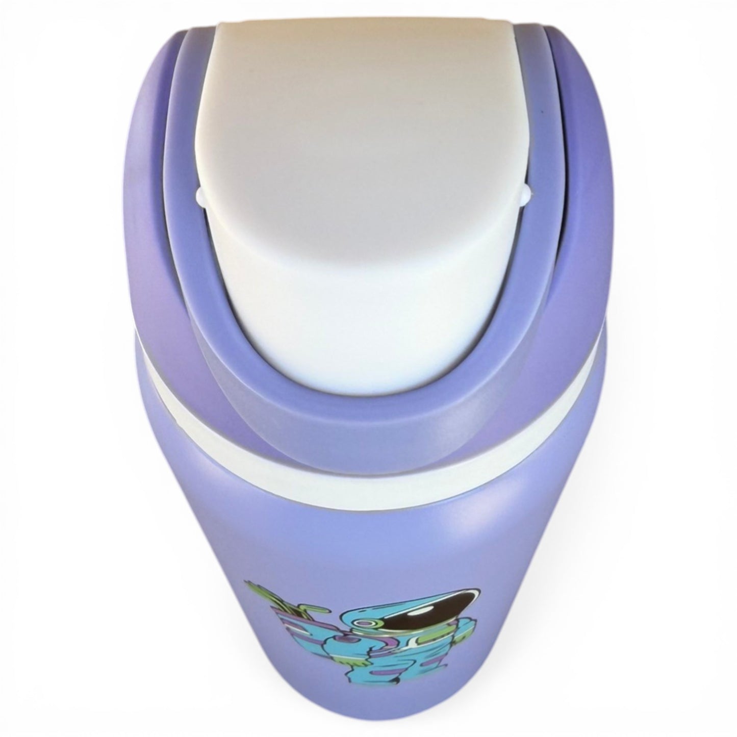 A purple 32oz Hydration Bottle – Astronaut Walker, made of insulated stainless steel with a white flip straw lid and handle, features Astronaut Walker and a green alien graphic on the side.